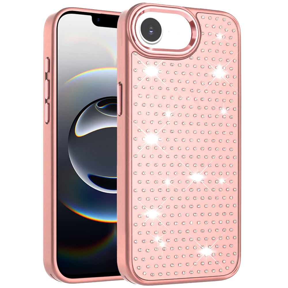 For Apple iPhone 16e Bling Diamond Metallic, Full Sparkle Chrome Edged Hybrid Protective Shockproof Case Cover