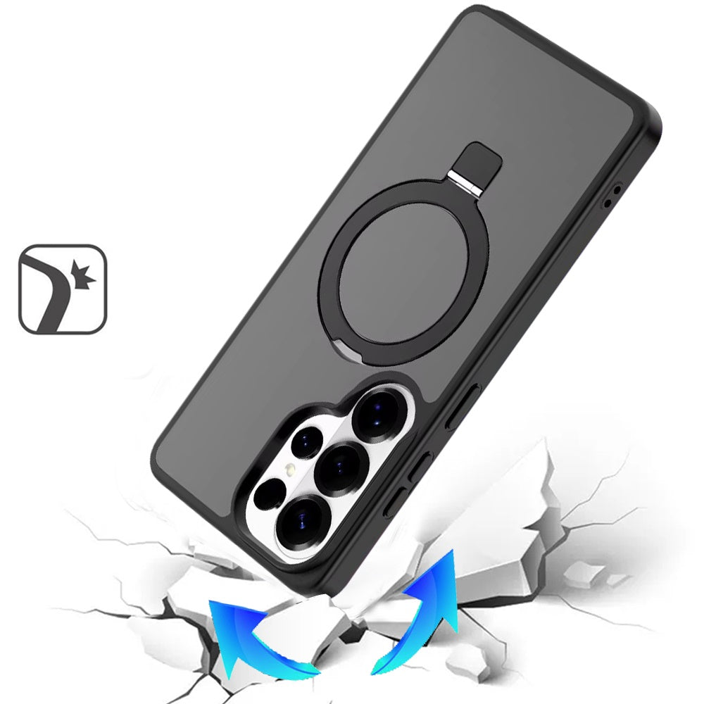 Phone Case for Samsung Galaxy S25 Ultra Magnetic Ring Stand Full Rotation Matte Shockproof Grip Anti Slip Durable Camera Protection Hybrid Cover Black