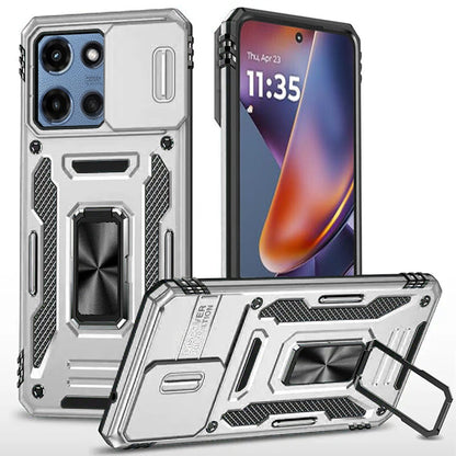 For Motorola Moto G 5G 2025 Tough Hybrid Case with Movable Camera Window & Metal Ring Stand Shockproof Case Cover