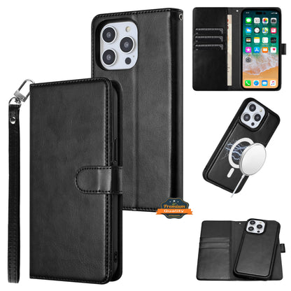 For Apple iPhone 16 Plus (6.7") Deattachable PU Leather Hybrid Wallet Money Credit Card Holder Support Magsafe Charger Case Cover Black