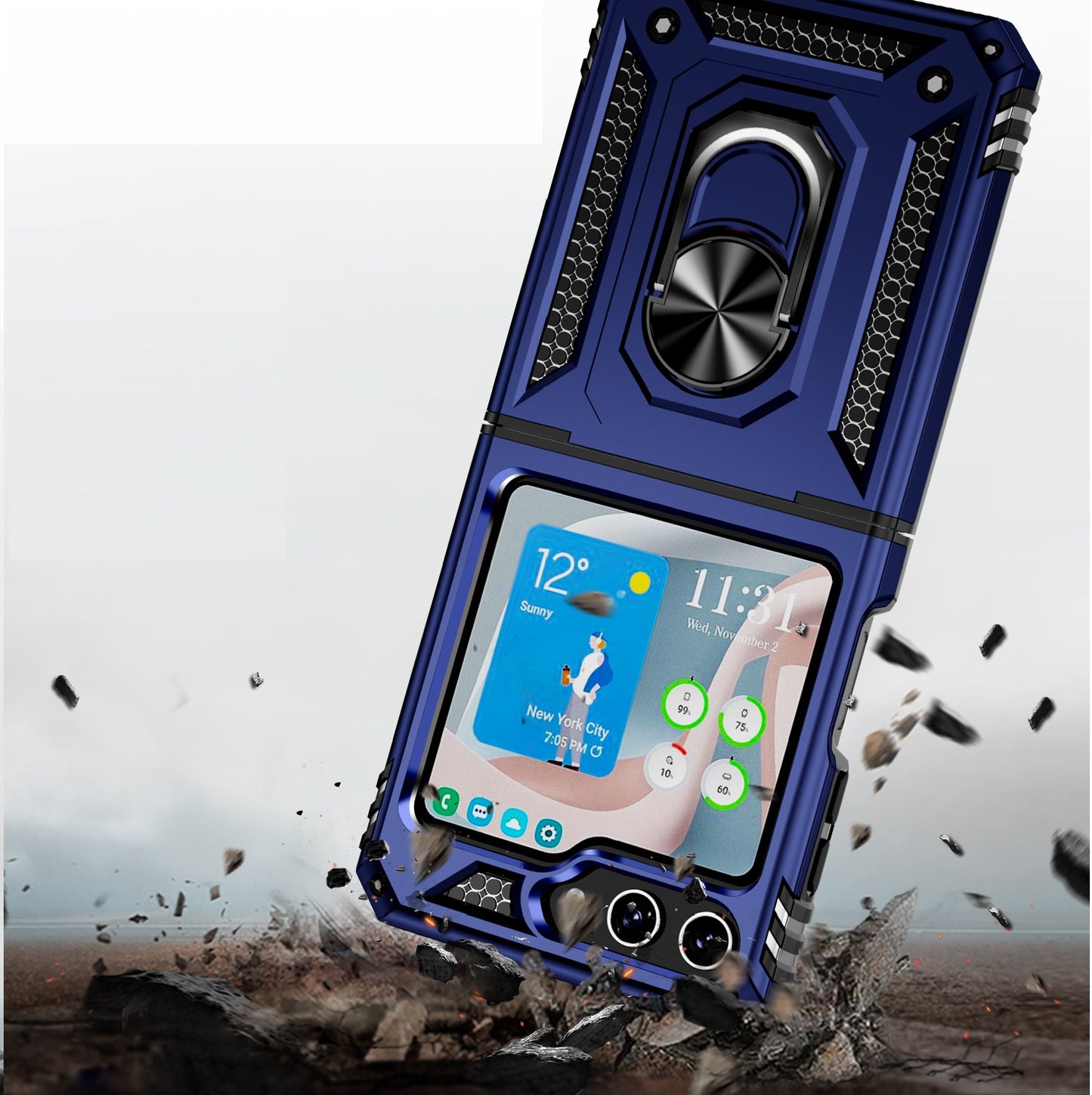 For Samsung Galaxy Z Flip 7 FE Hybrid Shockproof Protective with Magnetic 360° rotating Ring Kickstand, TPU Rubber PC Case Cover Blue