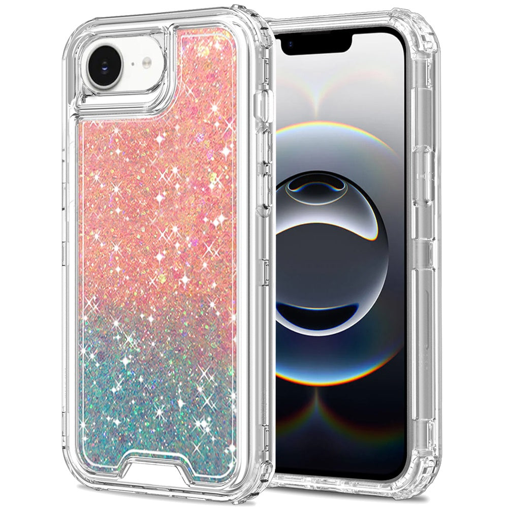 For Apple iPhone 17E /16E Epoxy Bling Glitter Sparkly 3-in-1 Transparent Hybrid Full-Body Shockproof PC Bumper Case Cover Pink + Blue