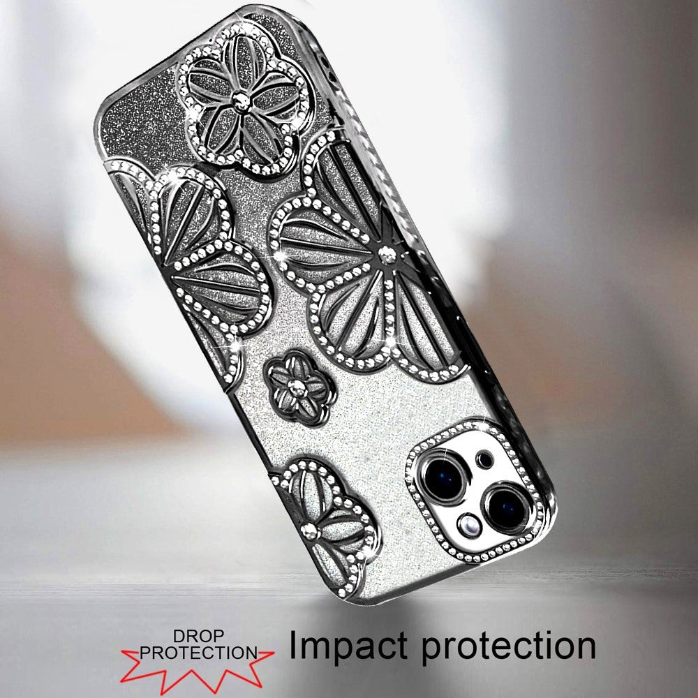 For iPhone 14/13 (6.1") Luxury Flower Design Sparkle Glitter Diamond Rhinestone Shimmer Bling Plating Thick TPU Hard PC Case Cover