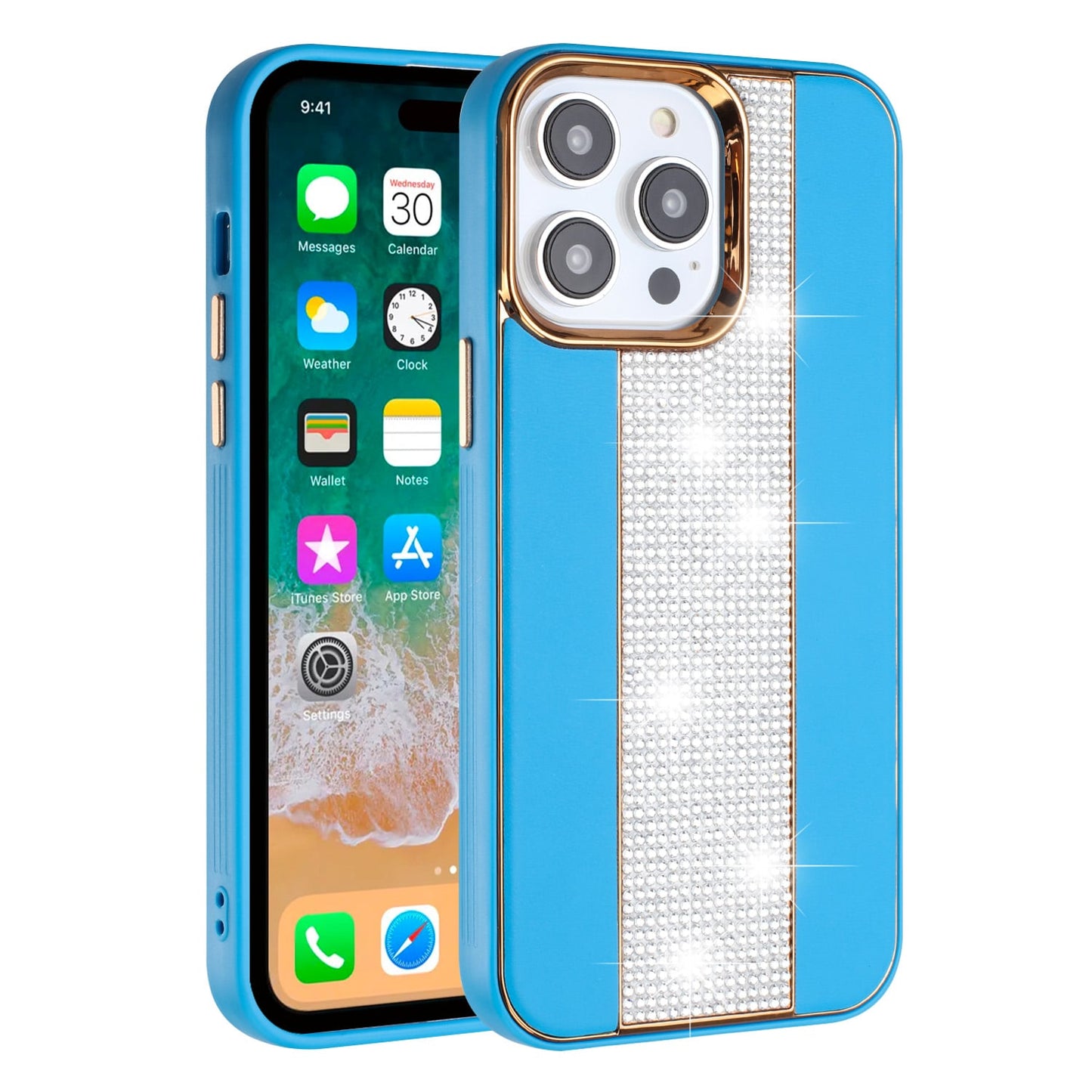 For iPhone 15 Pro (6.1") Flashy Diamond Leather Hybrid Shockproof Protection Chrome Camera Edge Grip Slim Durable Case Cover Blue