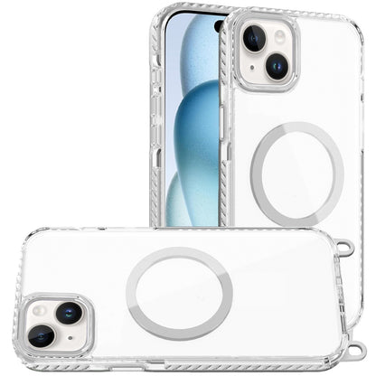For iPhone 14/13 (6.1") Clear Magnetic Frame PC Back Shockproof Protective Case with Detachable Lanyard Strap, Compatible with MagSafe Case Cover Cosmic Orange