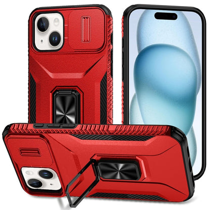For Apple iPhone 15 Case, Camera Cover with Magnetic Rotation Ring Stand, Military Grade Hybrid Hard TPU Shockproof Case Cover Red