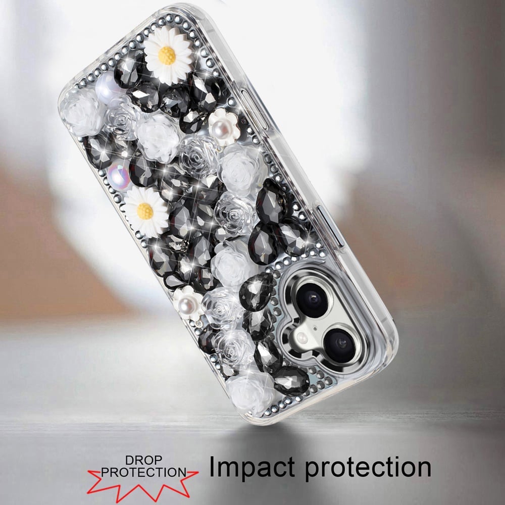 For Apple iPhone 17 (6.3") Fashion Daisy Floral Series, Full 3D Bling Crystal Diamonds Sparkling Rhinestone Glitter Hybrid Design Case Cover