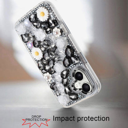 For Apple iPhone 17 (6.3") Fashion Daisy Floral Series, Full 3D Bling Crystal Diamonds Sparkling Rhinestone Glitter Hybrid Design Case Cover