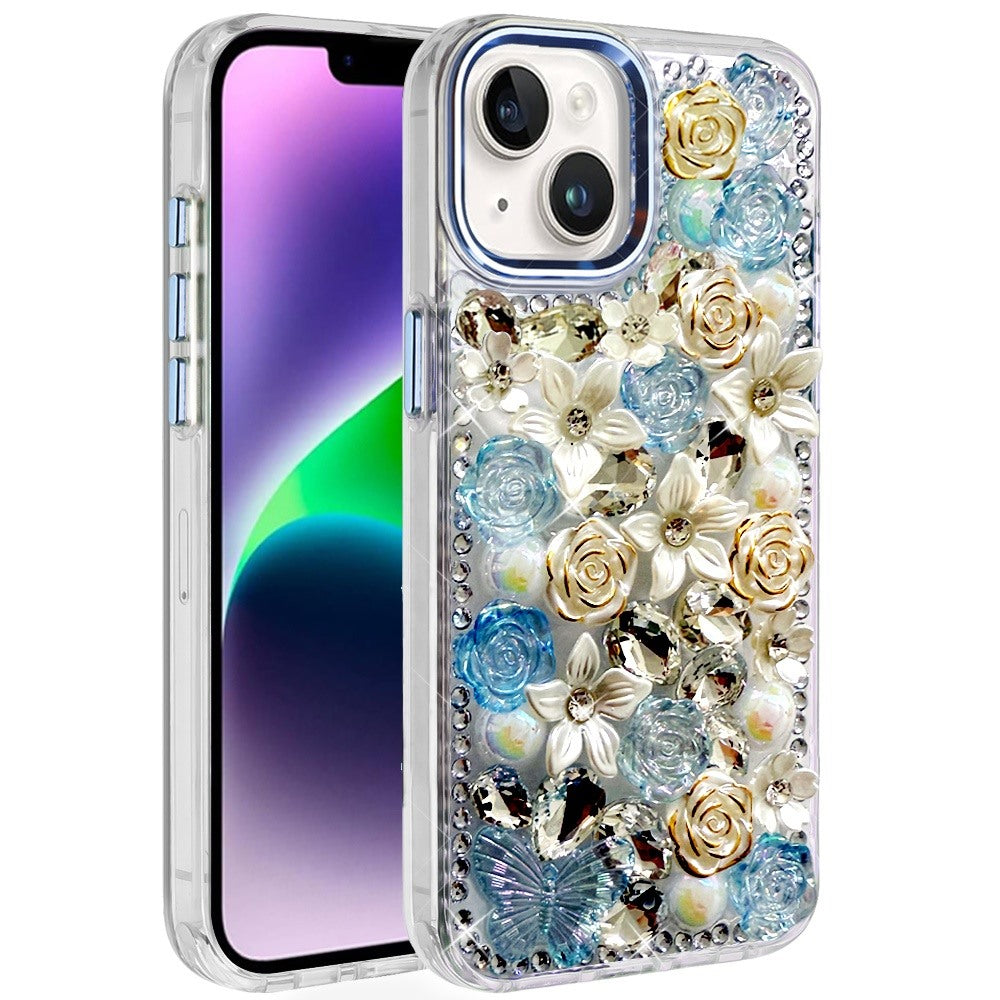 For Samsung Galaxy A37 3D Diamond Floral Roses Flower Bling Stone Hybrid, Sparkly Rhinestone Gemstone Back Shockproof Case Cover