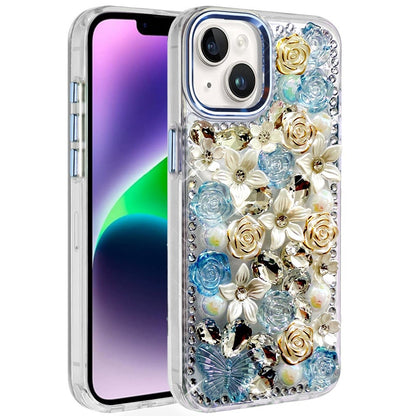 For Apple iPhone 17E /16E 3D Diamond Floral Roses Flower Bling Stone Hybrid, Sparkly Rhinestone Gemstone Back Shockproof Case Cover