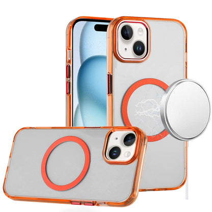 For iPhone 15 Plus (6.7") Transparent Back Hybrid Case - Magnetic Circle, Color Frame, Metal Buttons, MagSafe Compatible Case Cover Black