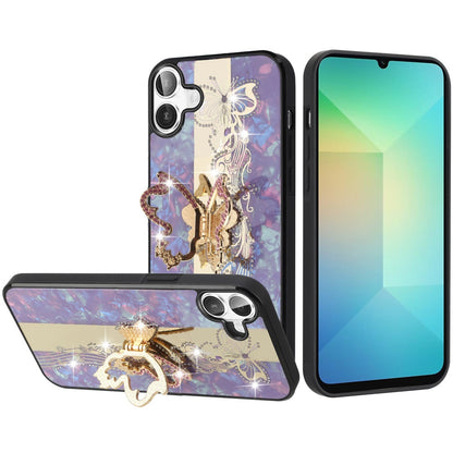 For Samsung Galaxy A06 Diamonds 3D Butterfly Bling Sparkly Glitter Ornaments Engraving Hybrid with Ring Stand Fashion Case Cover Enchanted Butterfly Purple