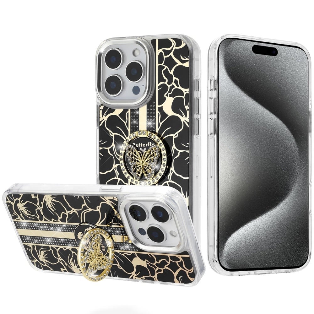 For iPhone 15 Pro Max (6.7") Diamonds 3D Butterfly Floral Design Bling Sparkly Glitter Hybrid Metal Fashion with Ring Stand Case Cover