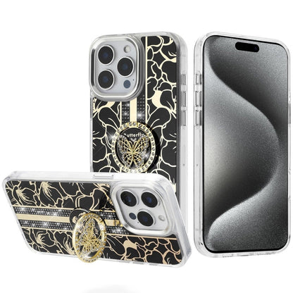 For iPhone 15 Pro Max (6.7") Diamonds 3D Butterfly Floral Design Bling Sparkly Glitter Hybrid Metal Fashion with Ring Stand Case Cover
