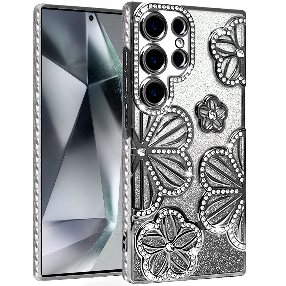 For Samsung Galaxy S24 Ultra Luxury Flower Design Sparkle Glitter Diamond Rhinestone Shimmer Bling Plating Thick TPU Hard PC Case Cover