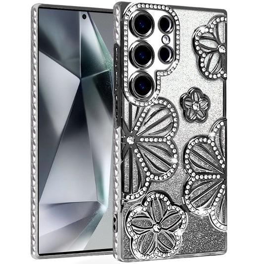 For Samsung Galaxy S24 Ultra Luxury Flower Design Sparkle Glitter Diamond Rhinestone Shimmer Bling Plating Thick TPU Hard PC Case Cover
