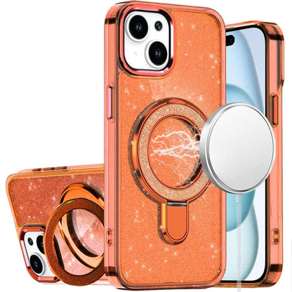 For iPhone 15 Plus (6.7") Transparent Glitter Bling Case with Rotating Magnetic Ring Stand, Shockproof Hybrid Case Cover Black