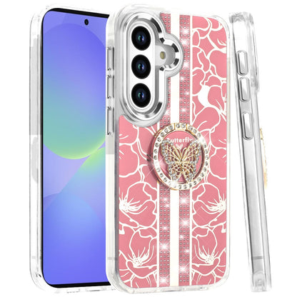For Samsung Galaxy A36 Diamonds 3D Butterfly Floral Design Bling Sparkly Glitter Hybrid Metal Fashion with Ring Stand Case Cover