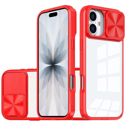 For Apple iPhone 17 (6.3") Hybrid Cases with Sliding Camera Cover Transparent Shockproof Bumper TPU Protective Case Cover Red