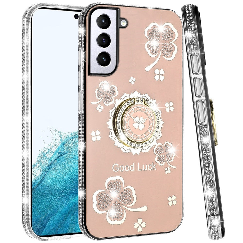 For Samsung Galaxy S22 Diamonds Bling All Around Edges Sparkly Glitter Hybrid with Ring Stand Holder Fashion Good Luck Case Cover