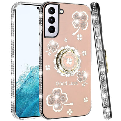 For Samsung Galaxy S22 Diamonds Bling All Around Edges Sparkly Glitter Hybrid with Ring Stand Holder Fashion Good Luck Case Cover