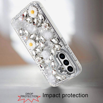 For Samsung Galaxy S25 FE, S25 Fan Edition Fashion Daisy Floral Series, Full 3D Bling Crystal Diamonds Sparkling Rhinestone Glitter Hybrid Design Case Cover White