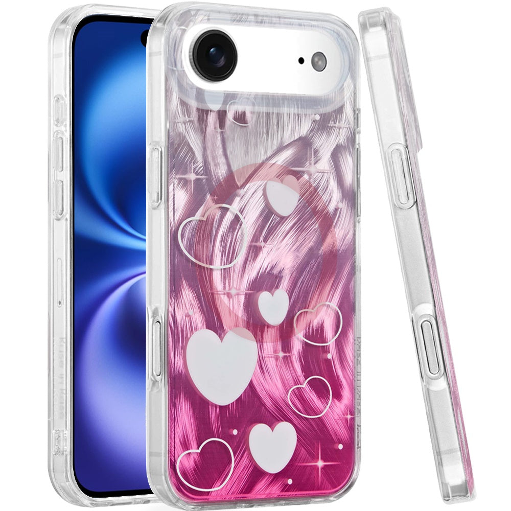 For Apple iPhone 17 Pro Max Stylish Pattern Fashion IMD Printed Design TPU Double Layer Slim Shockproof with Magnetic Back Case Cover Gradient Pink Heart