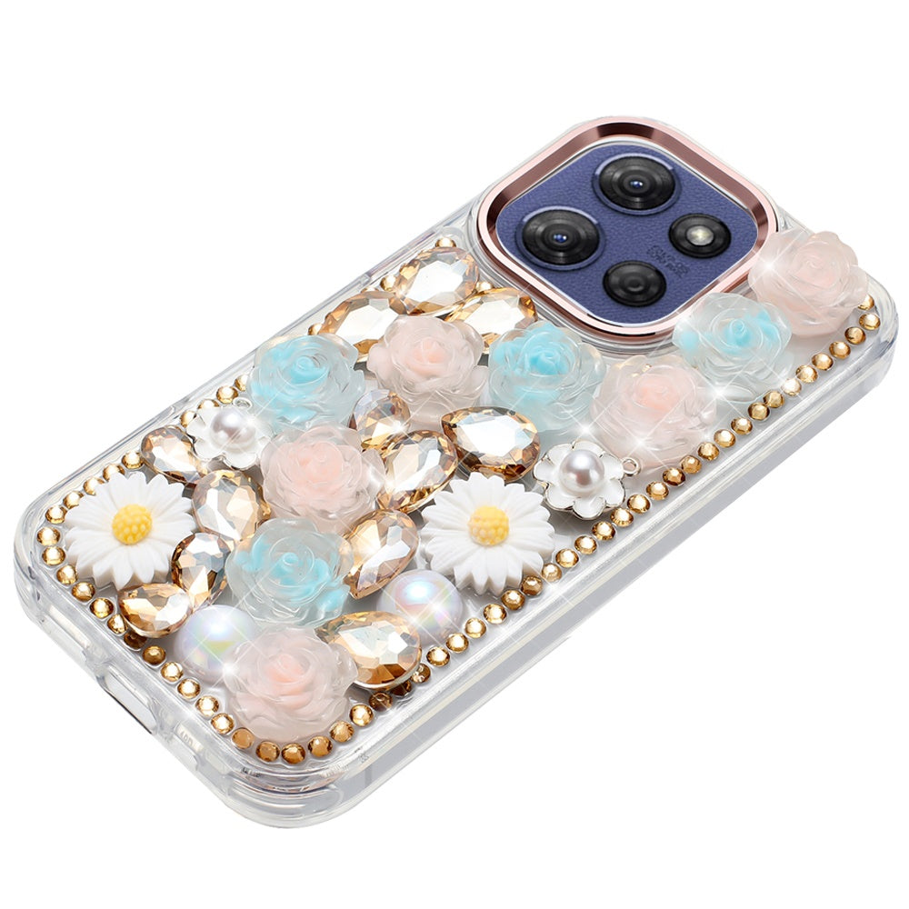 For Motorola Moto G 5G 2025 Fashion Daisy Floral Series, Full 3D Bling Crystal Diamonds Sparkling Rhinestone Glitter Hybrid Design Case Cover