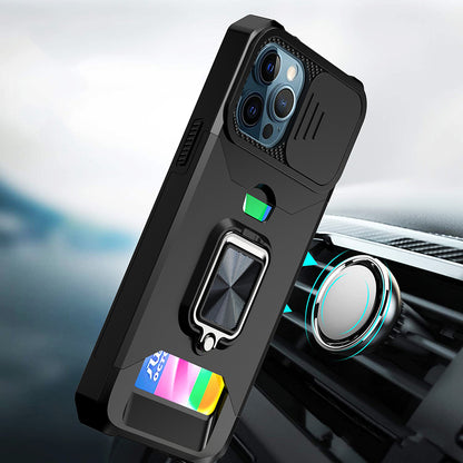 For Apple iPhone SE 3 (2022) SE/8/7 Wallet Case with Ring Stand & Slide Camera Cover Back Credit Card Slot Holder, Military Grade Case Cover Black