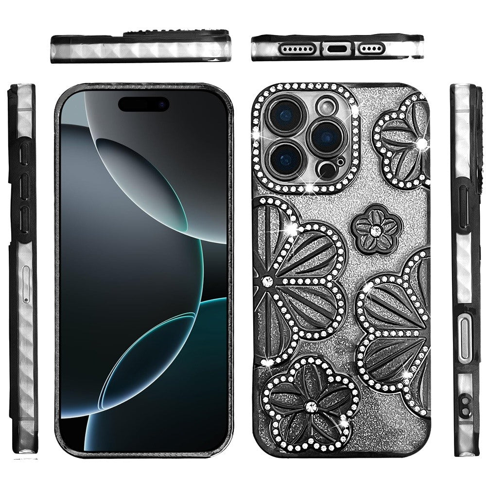 Phone Case for Apple iPhone 16 Pro Max Shimmer Glitter Floral Thick TPU Grip Cover Black