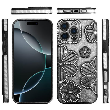 Phone Case for Apple iPhone 16 Pro Max Shimmer Glitter Floral Thick TPU Grip Cover Black