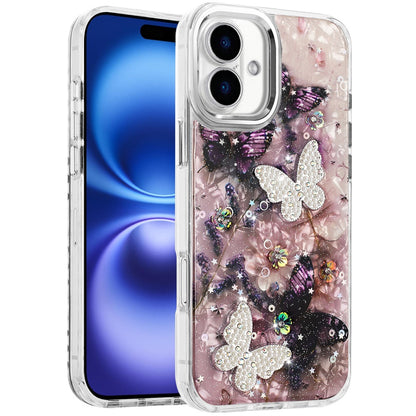 For Apple iPhone 17 (6.3") Epoxy Glitter Flowers Bling 3D Butterfly Fashion TPU Hybrid with Shockproof Protection Case Cover