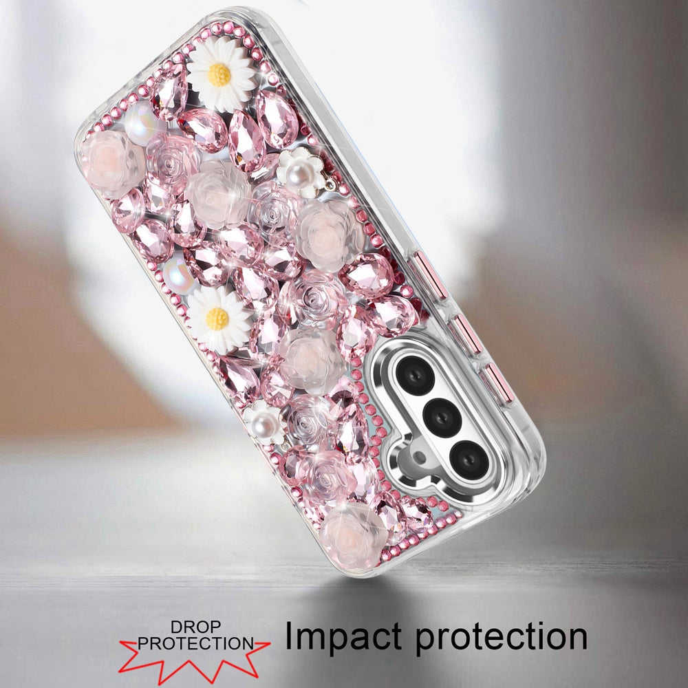 For Samsung Galaxy S25 FE, S25 Fan Edition Fashion Daisy Floral Series, Full 3D Bling Crystal Diamonds Sparkling Rhinestone Glitter Hybrid Design Case Cover White
