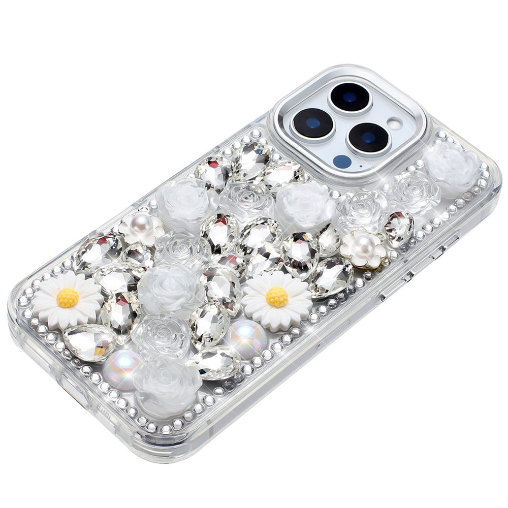 For Apple iPhone 13 Pro Max Fashion Daisy Floral Series, Full 3D Bling Crystal Diamonds Sparkling Rhinestone Glitter Hybrid Design Case Cover Silver