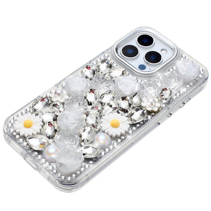 For Apple iPhone 13 Pro Max Fashion Daisy Floral Series, Full 3D Bling Crystal Diamonds Sparkling Rhinestone Glitter Hybrid Design Case Cover Silver