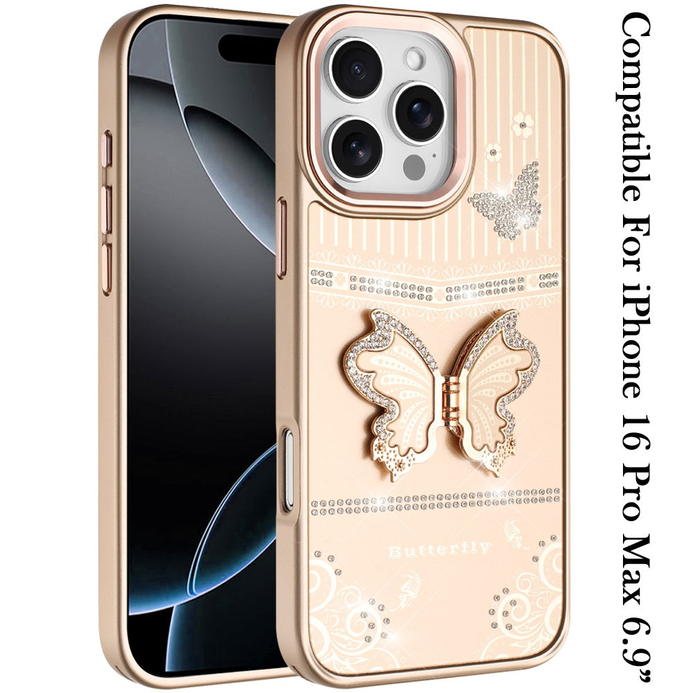 For iPhone 16 Pro Max (6.9") Glitter 3D Butterfly Design Bling Metallic Edge Hybrid Stand Drop Protection TPU Shockproof Protector