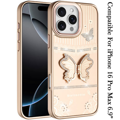 For iPhone 16 Pro Max (6.9") Glitter 3D Butterfly Design Bling Metallic Edge Hybrid Stand Drop Protection TPU Shockproof Protector