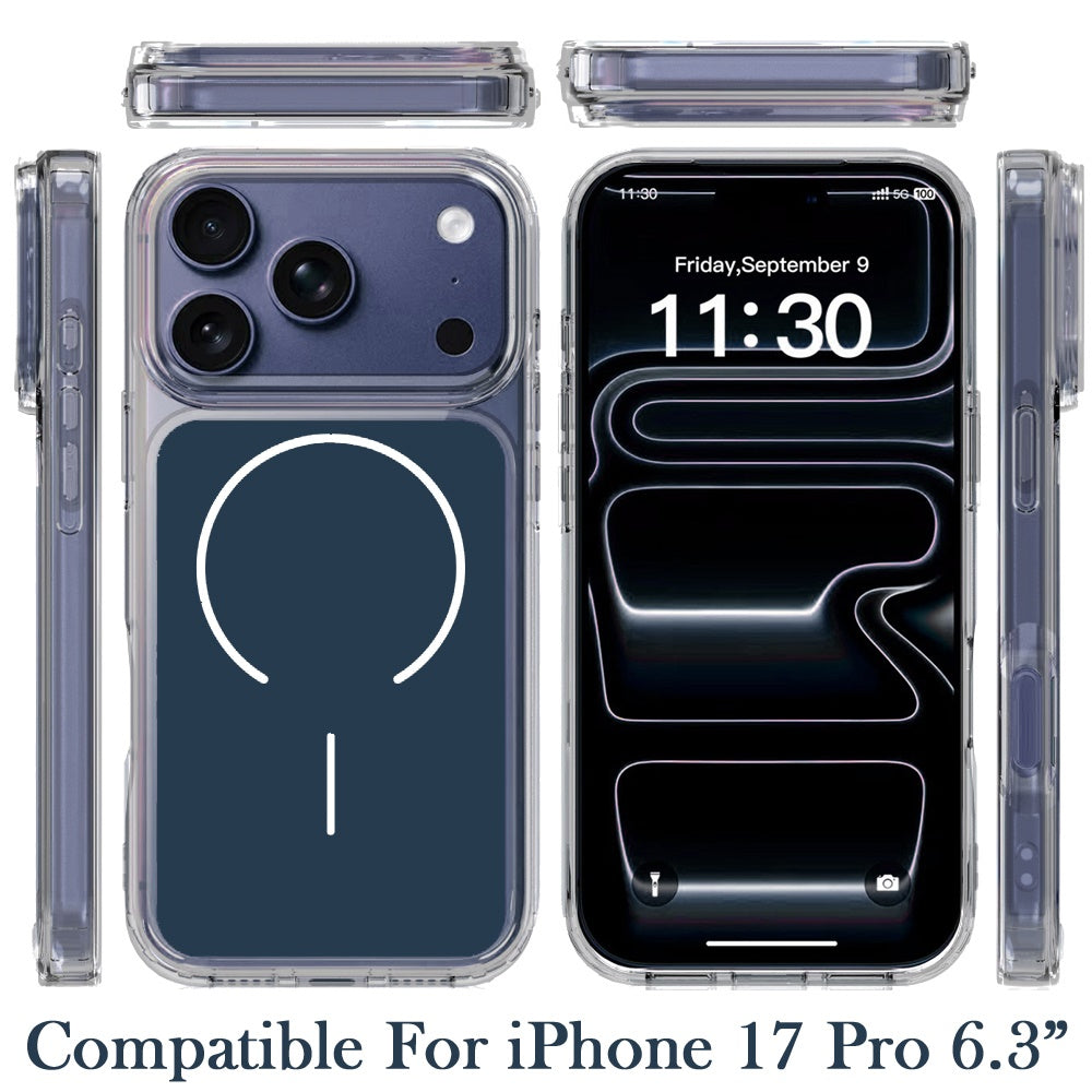 For Apple iPhone 17 Pro (6.3") Metallic Transparent Magnetic Hybrid MagSafe Compatible Shockproof Protection Anti Scratch Secure Grip Clear Back Design Case Cover
