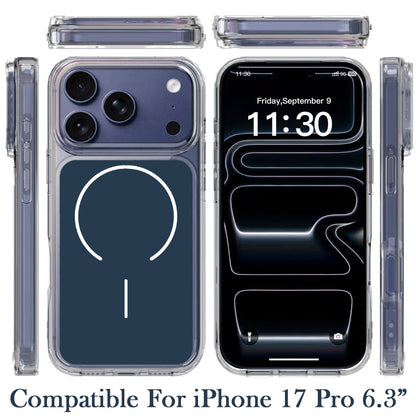 For Apple iPhone 17 Pro (6.3") Metallic Transparent Magnetic Hybrid MagSafe Compatible Shockproof Protection Anti Scratch Secure Grip Clear Back Design Case Cover