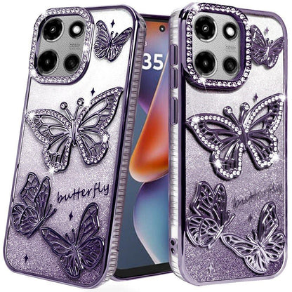 For Motorola Moto G Power 5G (2025) Luxury Butterfly Sparkle Glitter Diamond Crystal Rhinestone Shimmer Bling Plating Thick TPU Hard PC Case Cover