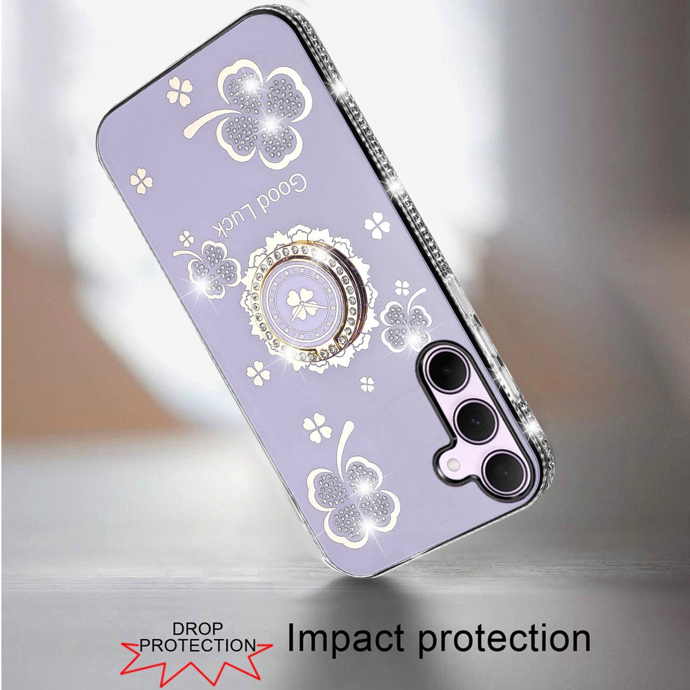 For Samsung Galaxy S25+ /S25 Plus /S24+ Plus Diamonds Bling All Around Edges Sparkly Glitter Hybrid with Ring Stand Holder Fashion Good Luck Case Cover