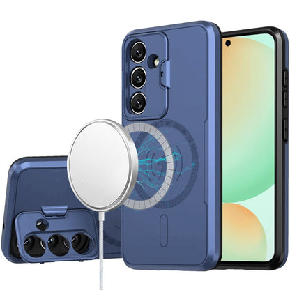 Phone Case for Samsung Galaxy S24 FE Fan Edition Magnetic Hybrid with Camera Cap Stand Guard and Compatible with MagSafe Shockproof Protective Durable Cover Blue