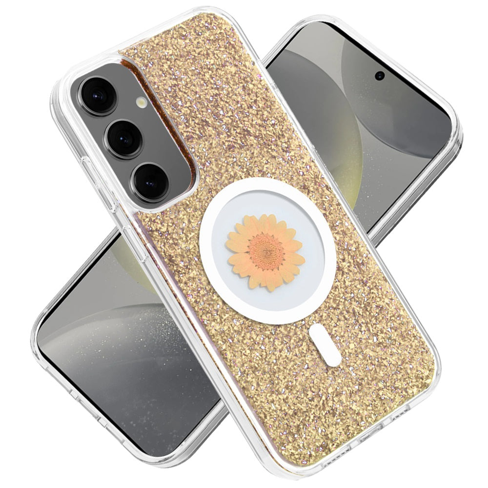 For Samsung Galaxy S25+ /S25 Plus /S24+ Plus MagSafe Compatible Glitter Flower Epoxy Hybrid Slim TPU Case, Magnetic Circle Design, Sparkly Bling Protective Case Cover