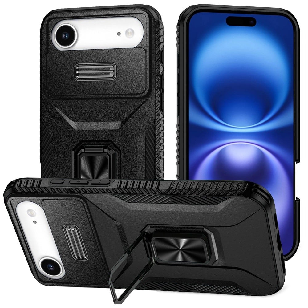 For Apple iPhone 17 Air (6.6") Wallet Case with Ring Stand & Slide Camera Cover Back Credit Card Slot Holder, Military Grade Case Cover