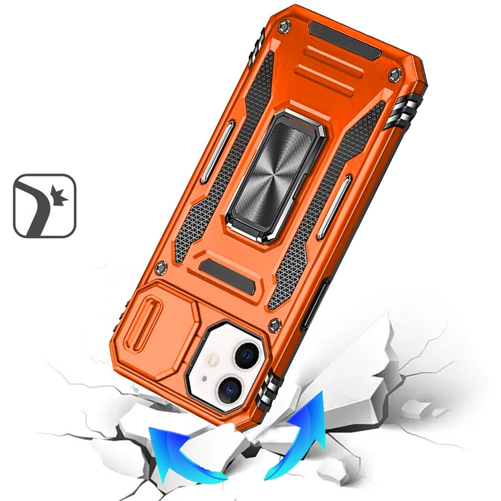For Apple iPhone 12 /12 Pro Tough Hybrid Case with Movable Camera Window & Metal Ring Stand Shockproof Case Cover Cosmic Orange