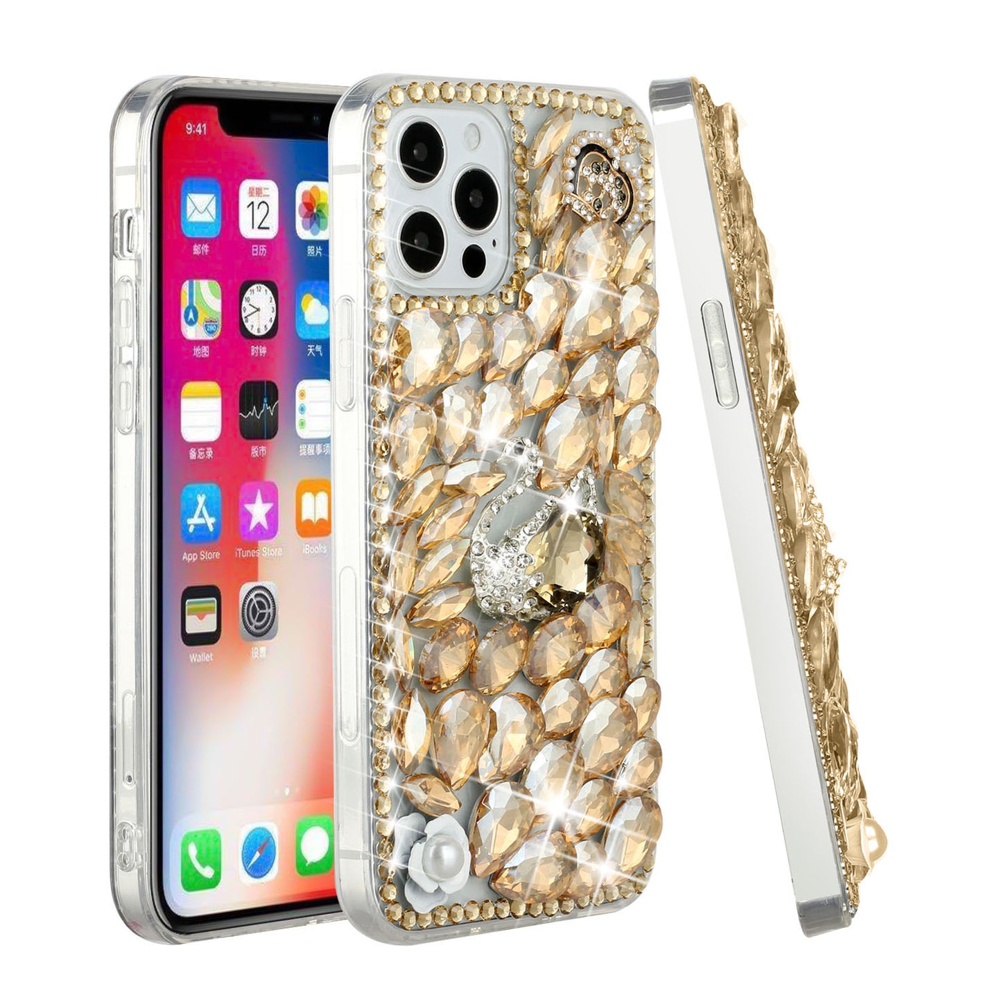 For Samsung Galaxy Z Fold 7 Bling Crystal 3D Full Diamonds Luxury Sparkle Rhinestone Hybrid Protective Case Cover Gold Swan Crown Pearl