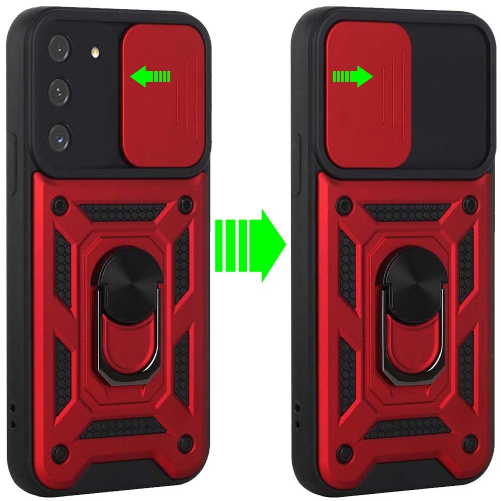 For Samsung Galaxy S21 Hybrid Case with Slide Camera Lens Cover, Ring Kickstand, Heavy-Duty Dual Layer TPU, Fit Magnet Car Mount Case Cover Red