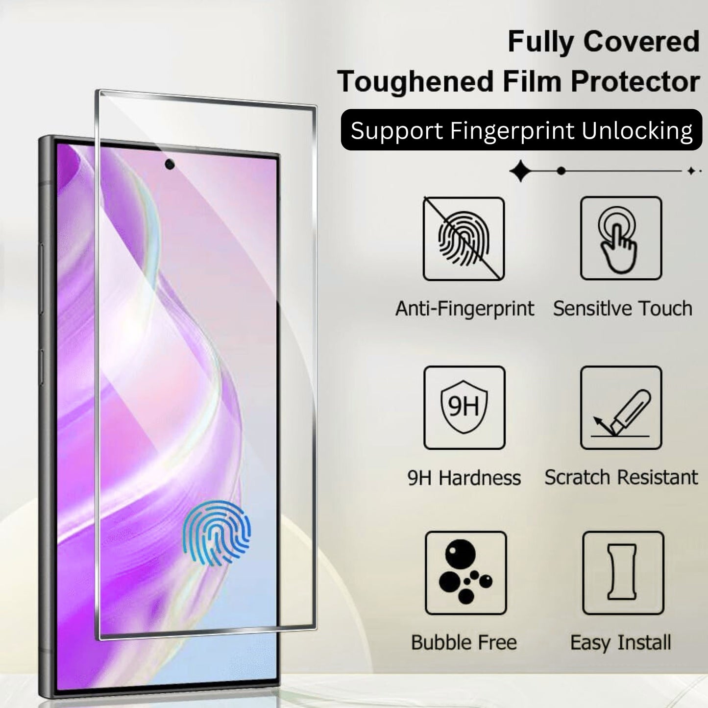 For Samsung Galaxy S20 5G Tempered Glass Screen Protector with Fingerprint Unlocking 3D Curved Edge Full Glue & Full Coverage Protector Clear Black