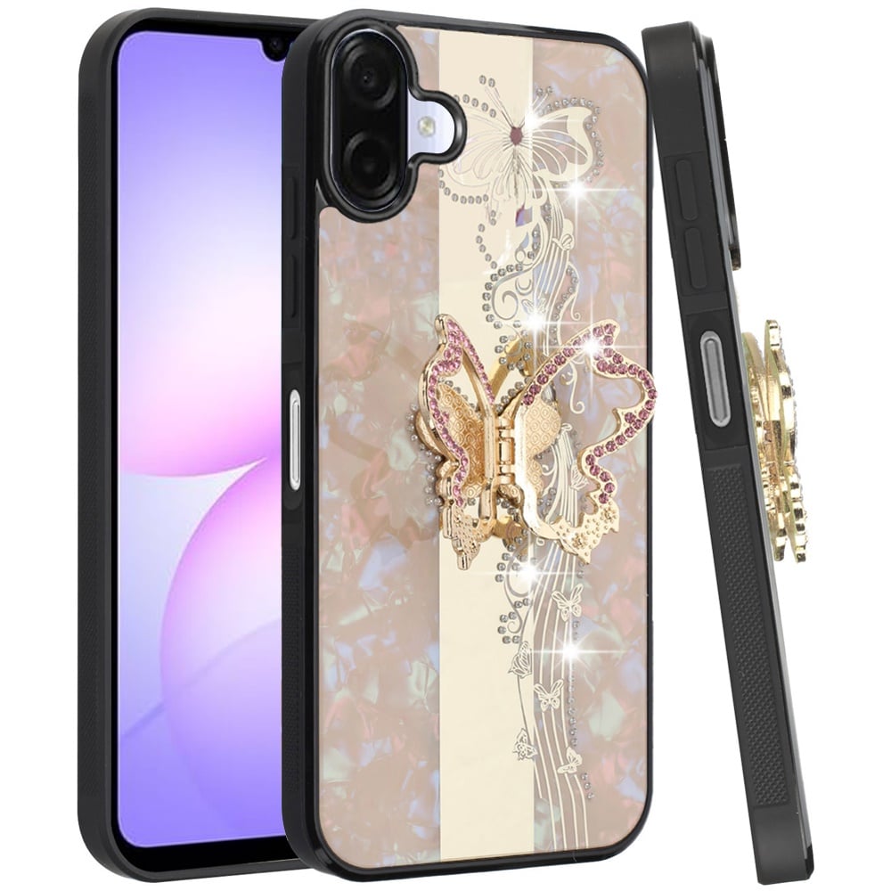 For Samsung Galaxy A07 Diamonds 3D Fashion Bling Sparkly Glitter Ornaments Engraving Hybrid with Ring Stand Case Cover
