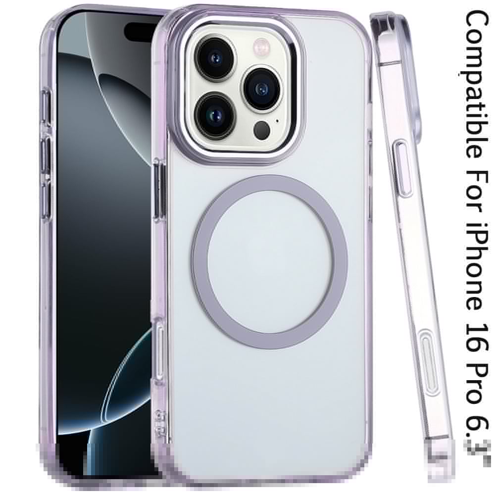 For Apple iPhone 16 Pro Transparent Back Hybrid Case - Magnetic Circle, Color Frame, Metal Buttons, MagSafe Compatible Case Cover